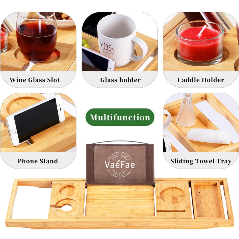 VaeFae Bamboo Bathtub Caddy Tray, Expandable Bath Tray for Tub with Upgraded Wine Slots and Book Holder - Ideal for One or Two Person Use - Image 4